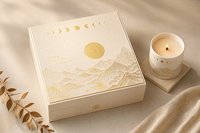 高端中秋礼品套装产品摄影图，米白色方形月饼礼盒，盒盖表面有烫金线条山水纹和圆月图案，月相变化装饰在盒盖顶部，旁边搭配同系列的米白色陶瓷香薰蜡烛，蜡烛杯身有烫金山水月相纹，整体风格统一，高级感，柔和暖光，产品摆放在浅米色背景上，精致的产品摄影，45度俯视角，柔和阴影，高端礼品质感