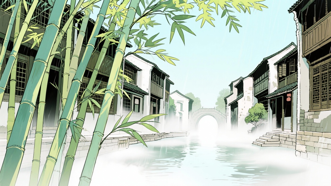 二次元古风，古城，江南烟雨，河边，古街上，迷雾，竹子，构图夸张，浅绿色，细节丰富，不要人物，生成2张，16:9预览效果