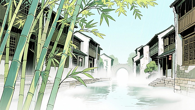 二次元古风，古城，江南烟雨，河边，古街上，迷雾，竹子，构图夸张，浅绿色，细节丰富，不要人物，生成2张，16:9