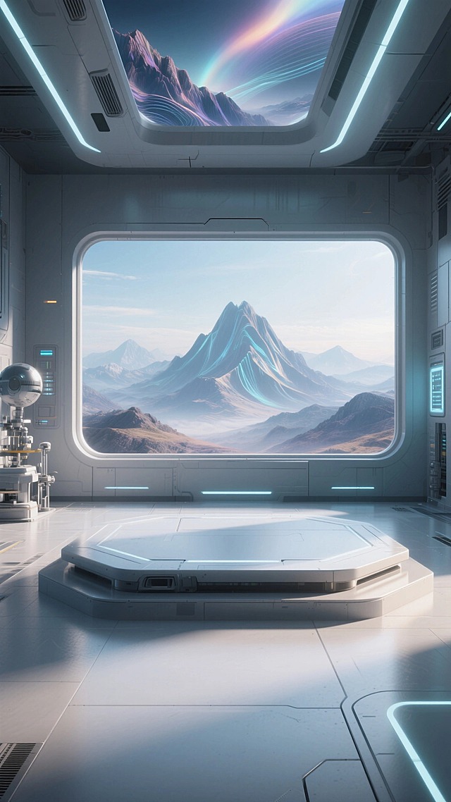 简洁前卫的科技感。空荡的未来感实验平台，一个窗口，窗外是超现实的虚拟山脉。