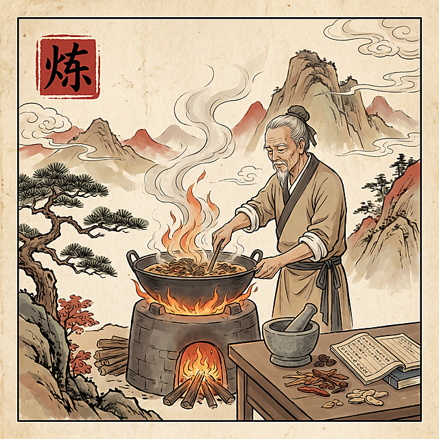 正方形插图，展示中药炮制方法炼，传统工艺，简洁国风背景，左上角标注文字"炼"