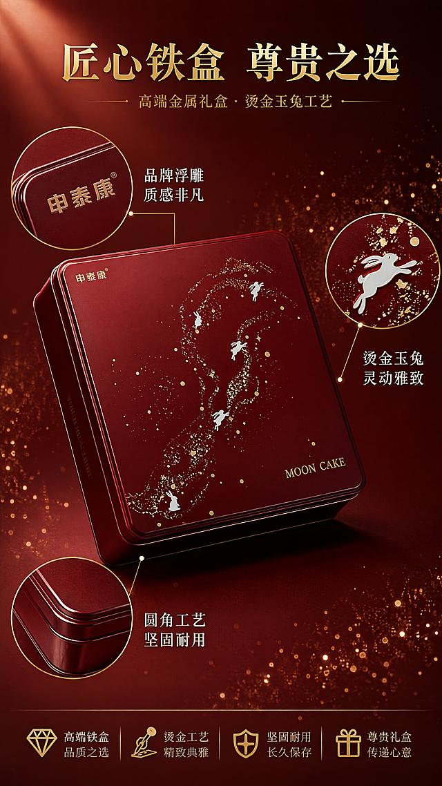 [第3张] 铁盒介绍1 - 外观工艺与玉兔设计细节。本张使用【图1】酒红色铁盒作为商品主体。
[氛围/风格] 高端精致，工艺细节展示，商业产品摄影质感，典雅华贵。
[元素布局] 酒红色铁盒斜45度角置于画面中央，占比约50%，正面玉兔奔月金色图案完整展示；画面右侧放大铁盒一角的玉兔烫金细节特写，展示金属质感与精细工艺；左上角放大品牌logo「申泰康」细节；底部展示铁盒边角圆润处理与金属包边工艺；背景为深酒红色渐变，点缀金色星光粒子。
[光影质感] 左上方柔光，铁盒金属表面呈现细腻光泽与高光反射，边角圆润处有明显高光带，烫金图案金光闪烁，底部柔和投影。
[配色色系] 全局底色 #5C151D 深酒红；主色酒红铁盒+金色图案；辅助色暖金、深棕阴影。
[视角构图] 45度斜侧视角，铁盒主体居中，细节放大图分布右上与左下，阅读动线顶部标题 → 中央铁盒 → 周围细节标注 → 底部卖点。
[文字版式] 顶部居中标题「匠心铁盒 尊贵之选」，副标题「高端金属礼盒 · 烫金玉兔工艺」，宋体烫金字效；右侧细节标注「烫金玉兔 灵动雅致」，左侧标注「品牌浮雕 质感非凡」，底部标注「圆角工艺 坚固耐用」，均为金色引线+白色说明文字；文字不遮挡铁盒主体。
[比例分辨率] 9:16 竖版比例，4K 分辨率，文字清晰可辨，高清画质。
[负向提示词] 铁盒变形，颜色偏差，图案错乱，缺件错件，水印，文字过小，背景杂乱，产品模糊。