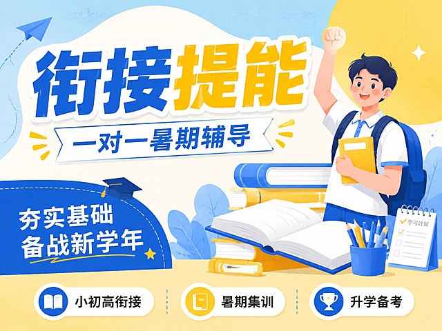 扁平插画风格教育培训海报，延续参考图蓝黄清新配色，带学生人物，比例4:3。顶部大主标题蓝黄撞色写"衔接提能"，副标题写"一对一暑期辅导"，底部三个横向标签写"小初高衔接"、"暑期集训"、"升学备考"，人物站在背景书本前抬手加油，左下角蓝色块写"夯实基础 备战新学年"，整体构图和参考图不同，内容全新，禁止出现提分、弯道超车等违规词汇