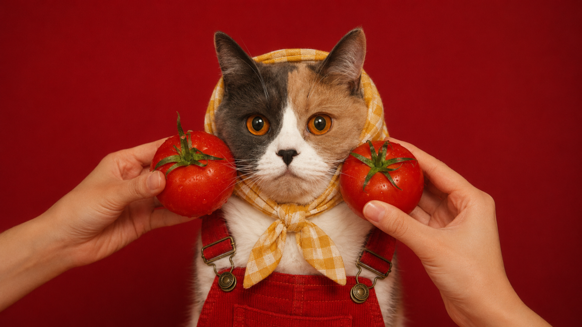 参考原图猫咪形象，保持猫咪脸部不变，生成复古风宠物写真，纯红色背景，猫咪头戴黄白格纹头巾，头巾包裹头部露出耳朵，猫咪身穿红色背带裤，有人双手各持一颗新鲜红番茄放在猫咪脸颊两侧，电影级光影，照片级真实感预览效果
