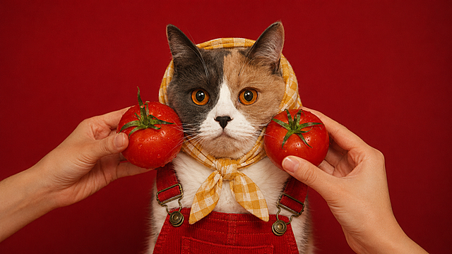 参考原图猫咪形象，保持猫咪脸部不变，生成复古风宠物写真，纯红色背景，猫咪头戴黄白格纹头巾，头巾包裹头部露出耳朵，猫咪身穿红色背带裤，有人双手各持一颗新鲜红番茄放在猫咪脸颊两侧，电影级光影，照片级真实感，色彩浓郁对比强烈，童趣复古风格，宠物特写，写实细节，清晰展现番茄纹理、头巾格纹质感