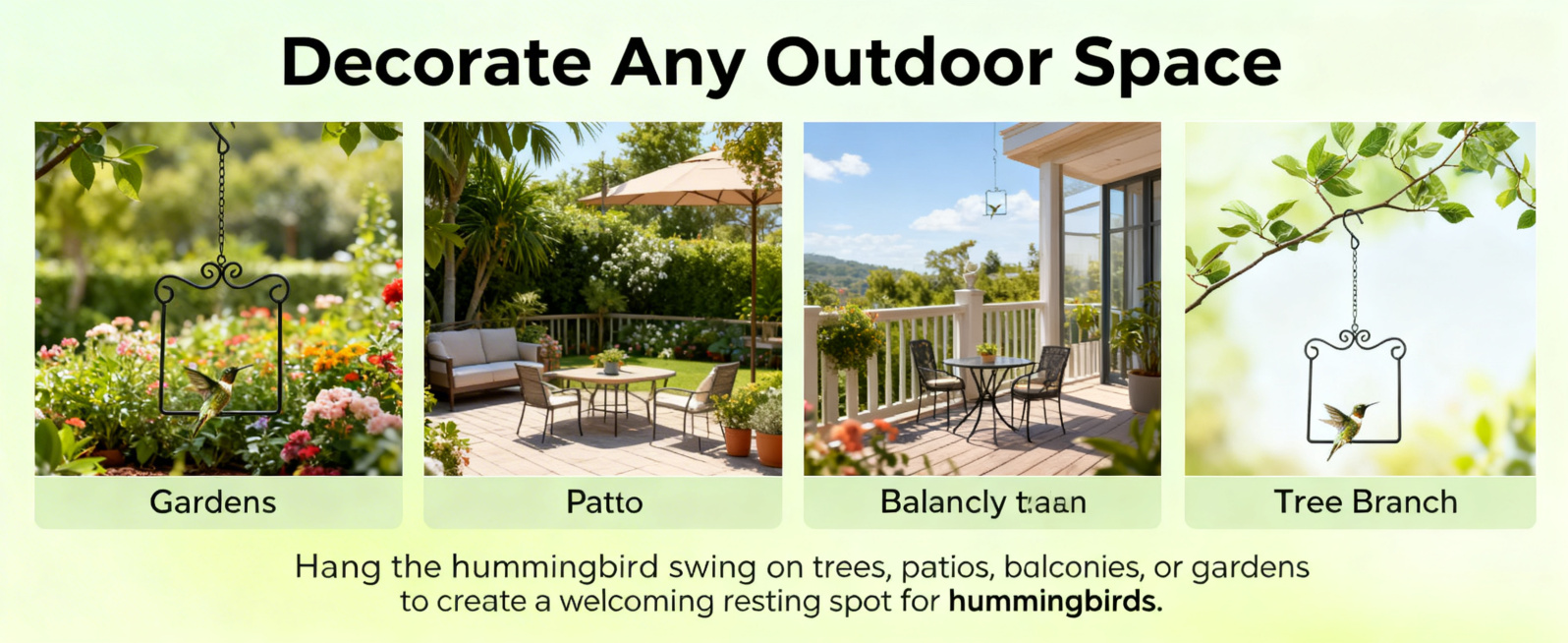 亚马逊A+使用场景图，尺寸1464x600，四格均等分场景，分别展示黑色金属蜂鸟栖木挂在Garden花园、Patio露台、Balcony阳台、Tree Branch树枝四个不同场景的效果，每个场景有小预览效果