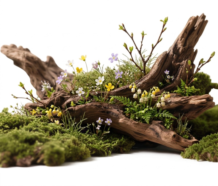 朽木上长出小花小草，小枝叶预览效果