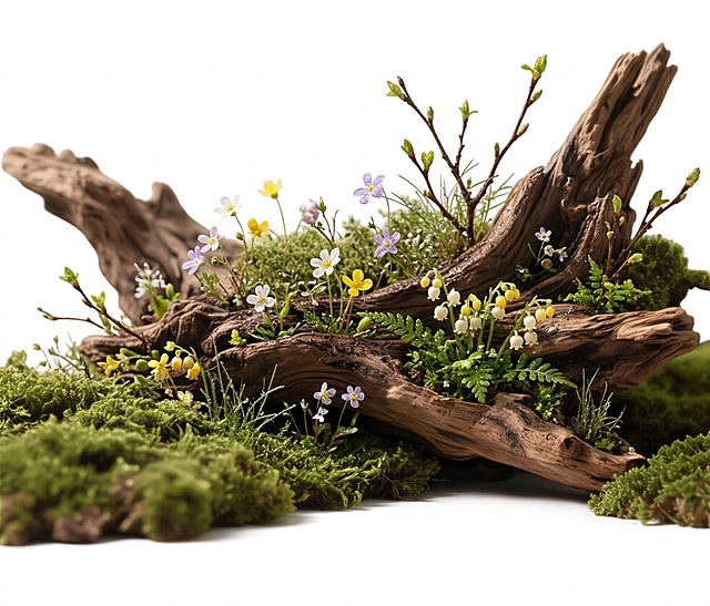 朽木上长出小花小草，小枝叶