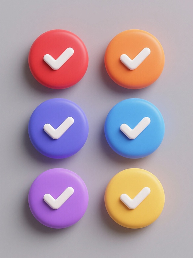 六个纯色背景的软3D风格图标系列，每个图标均为圆形轮廓内嵌白色对勾符号，保持相同元素形态与软3D质感，背景颜色分别为红色、橙色、蓝色、紫色、黄色、灰色，规整排列成两行三列的集合画面，整体视觉统一且色彩鲜明区分。