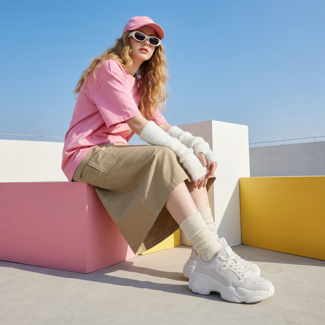 晴朗蓝天背景下的户外天台，浅灰色水泥地面，搭配粉白黄相间的彩色几何方块道具，整体明亮通透、光影柔和。画面主体是一位欧美风年轻女性，留着慵懒大波浪卷发，佩戴粉色棒球帽、复古白框墨镜，穿搭为 oversi预览效果