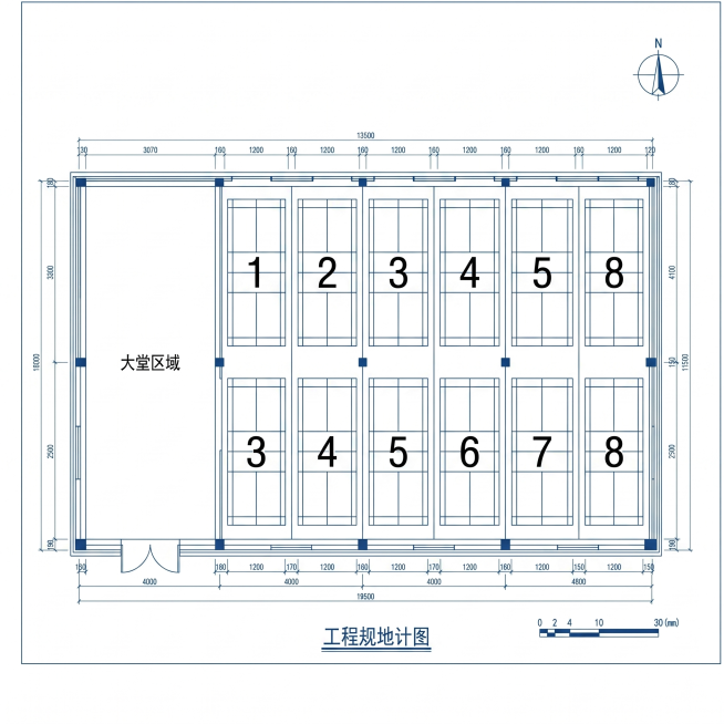 平面图，并列排列八块标准羽毛球场地，标注场地编号1到8号，在1号场地侧面增加大堂区域，平面示意图，清晰标注，简洁明了的工程平面图风格预览效果