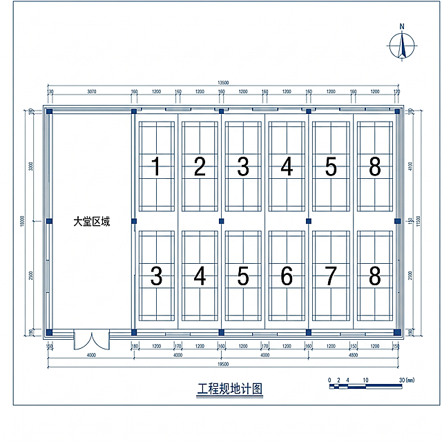 平面图，并列排列八块标准羽毛球场地，标注场地编号1到8号，在1号场地侧面增加大堂区域，平面示意图，清晰标注，简洁明了的工程平面图风格