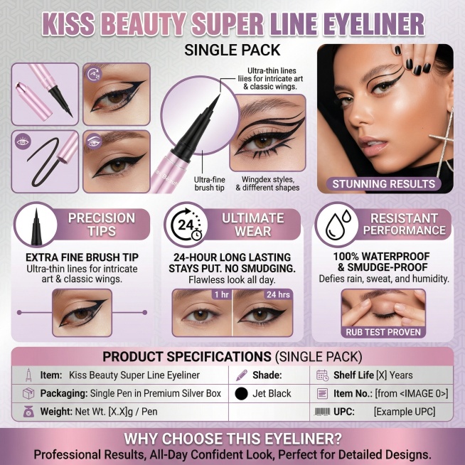 Generate an infographic for "Kiss Beauty Super Line Eyeliner (Single Pack)", combine graphics and te预览效果