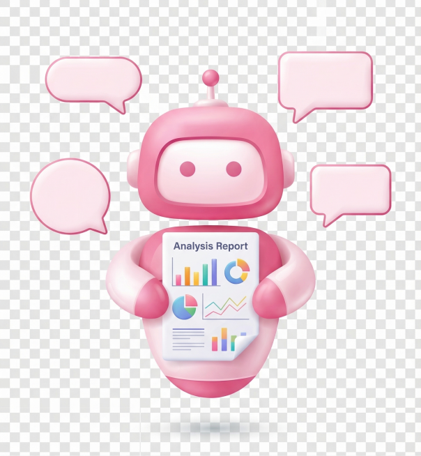 基于参考图标中机器人设计，生成一个AI机器人助手形象，机器人整体造型偏圆润，立体感强；机器人手中拿着一份印有彩色图表的分析报告，机器人旁边有四个对话框气泡，整体为矢量图风格，适合后期素材合成预览效果