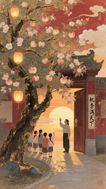 史诗级剪影，一位老师站在学校门口向学生们挥手告别，温暖的夕阳背景，从老师的身影中生长出一棵巨大而繁茂的树，树上开满花朵并结出发光的果实（苹果和桃子），每一个发光的果实都是一盏小灯笼，照亮着前方的小路，预览效果