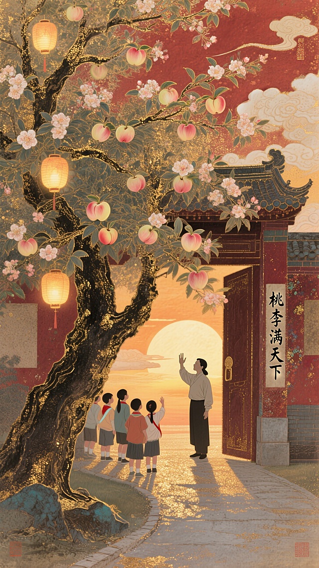 史诗级剪影，一位老师站在学校门口向学生们挥手告别，温暖的夕阳背景，从老师的身影中生长出一棵巨大而繁茂的树，树上开满花朵并结出发光的果实（苹果和桃子），每一个发光的果实都是一盏小灯笼，照亮着前方的小路，寓意“桃李满天下”，中国风意境，水墨画与数字艺术融合，金色和深红色的色调，高大上，祥云