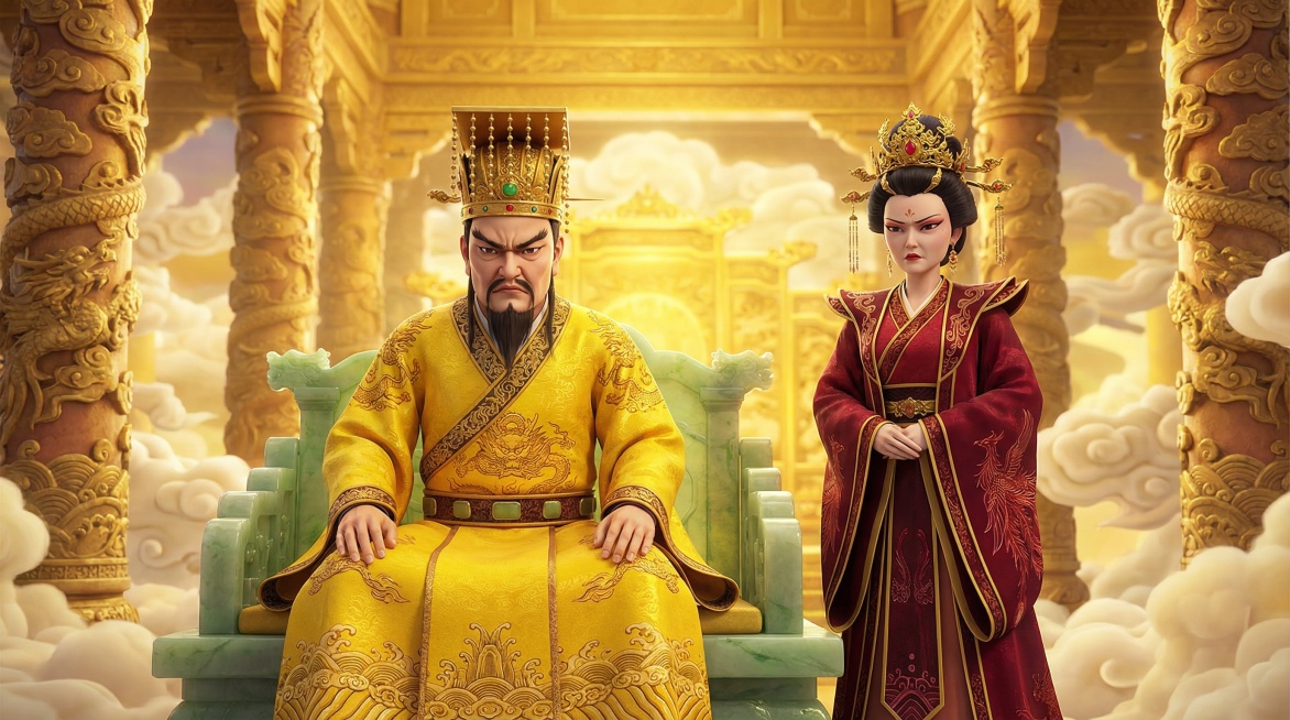 国漫 3D 卡通风格，玉帝身着明黄色龙袍，头戴皇冠，面容威严，坐在天界宝座上，眉头紧锁，身旁的王母娘娘身着凤袍（深红色），头戴凤冠，神色严厉，背景是金碧辉煌的天宫，色调庄重预览效果