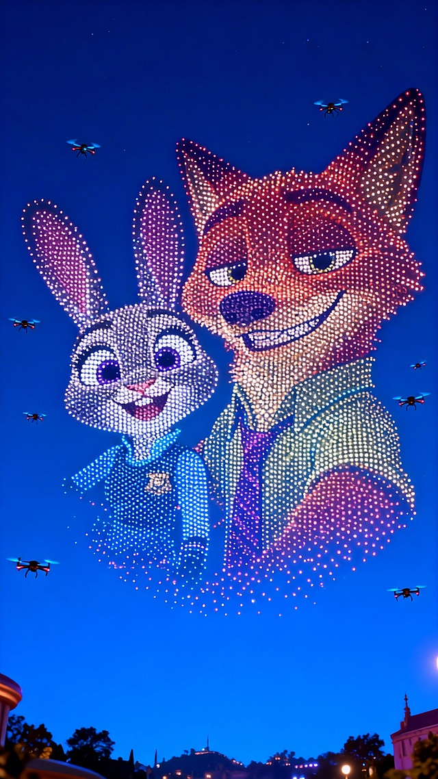 无人机灯光秀，中心区域浮现由无数渐变光点组成的图示人物，形象还原，光点简洁，深夜蓝色天空背景。周围有无人机点缀。