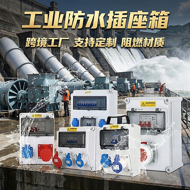 将背景替换为户外大型水电站运维场景，水流环绕设备，突出工业防水插座箱在临水作业场景的防水性，添加文字"工业防水插座箱 跨境工厂 支持定制 阻燃材质"，打造水电站运维场景的电商主图