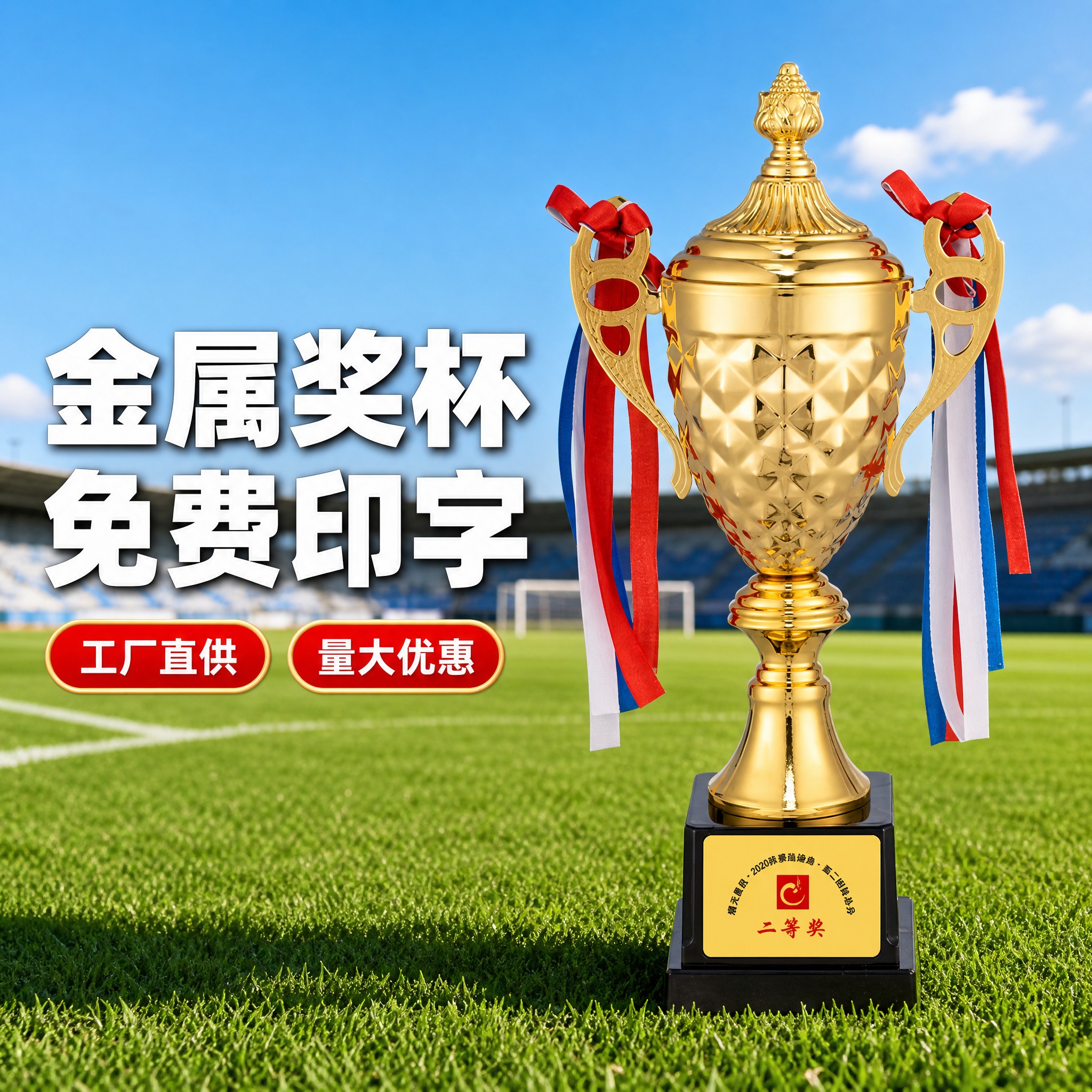 [主图] 金色金属冠军奖杯 绿茵场场景主图。以提供的新款金色奖… - 图片创意预览