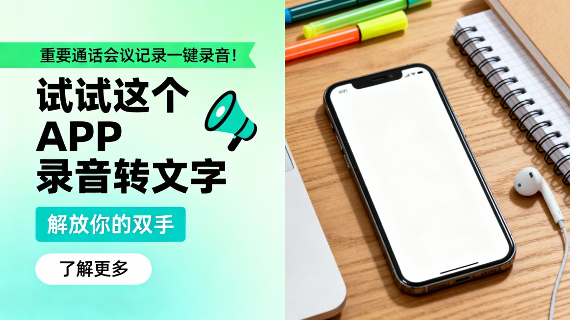 左侧浅绿渐变背景，绿色条带“重要通话会议记录一键录音！”，大号黑色标题“试试这个APP录音转文字”配扁平化喇叭图标及白色副标题“解放你的双手”，下方白色“了解更多”按钮；右侧展示一部置于木质书桌上的手预览效果