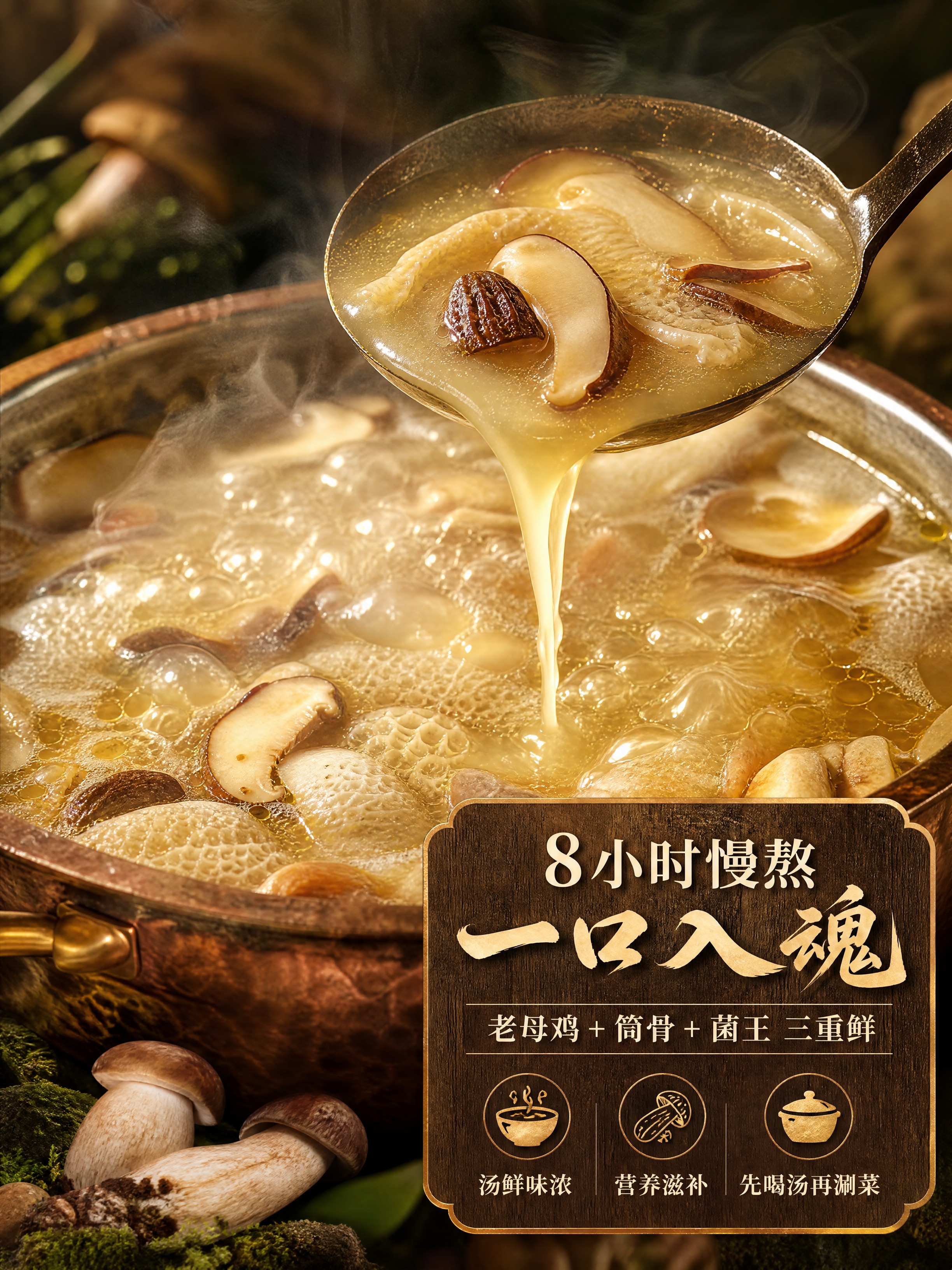 [商品] 季山菌野生菌火锅汤底特写，铜锅内金黄奶白色的菌汤正在… - 图片创意预览