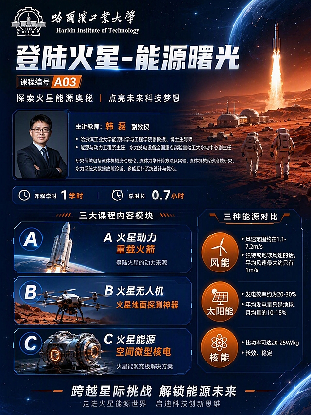 基于参考图生成《登陆火星-能源曙光》课程宣传图，保留哈尔滨工业大学校徽与校名、课程名称及编号A03、主讲教师韩磊副教授介绍、1学时总时长0.7小时等核心信息，保留三大课程内容模块（A火星动力-重载火箭、B火星无人机-火星地面探测神器、C火星能源-空间微型核电）和风能/太阳能/核能三种能源对比，整体设计为航天能源科技风格，深空蓝与橙红色配色，大气专业的研学宣传海报，竖版3:4比例