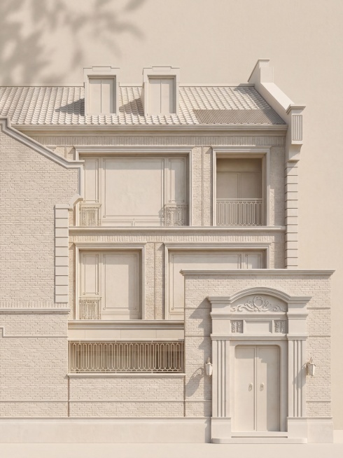 将原图转换成浅米色纸本石膏浮雕质感，保留海派石库门红砖联排别墅完整立面细节：双老虎窗、灰瓦坡屋顶、石材门套雕花、铁艺阳台栏杆、红砖与灰色石材腰线，呈现细腻手工雕刻凹凸肌理，整体统一低饱和度奶油浅米色单预览效果