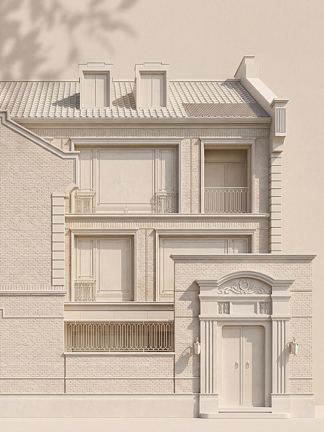 将原图转换成浅米色纸本石膏浮雕质感，保留海派石库门红砖联排别墅完整立面细节：双老虎窗、灰瓦坡屋顶、石材门套雕花、铁艺阳台栏杆、红砖与灰色石材腰线，呈现细腻手工雕刻凹凸肌理，整体统一低饱和度奶油浅米色单色，柔和侧光勾勒建筑轮廓突出立体层次，避免硬阴影，正面平视完整保留原建筑结构与装饰细节，背景为米白色毛毡材质纹理且干净极简留白，左上角加入淡树叶阴影，哑光纸张纹理，复古精致适合做装饰画，保持原图结构不变