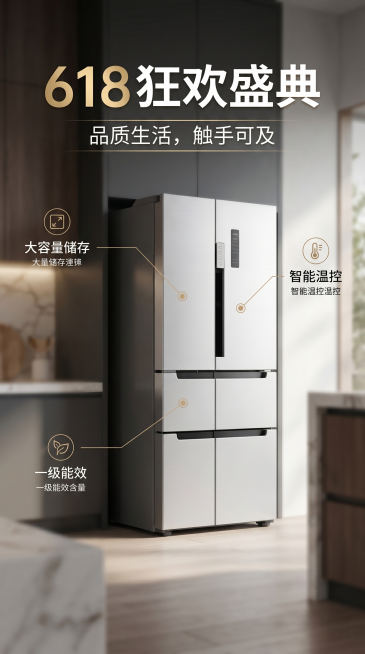 618商业营销海报，包含冰箱商品精简信息图元素，高质感配色，f/2.8柔和景深，照片写实风格，无畸变预览效果