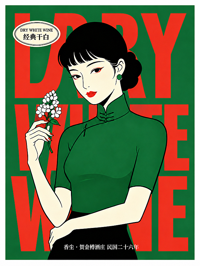 将左上角椭圆形徽章内的英文改为“DRY WHITE WINE”，中文改为“经典干白”，保持徽章的形状、颜色、描边和整体复古风格不变；底部文字保持不变。画面人物、背景、构图和整体风格保持不变。