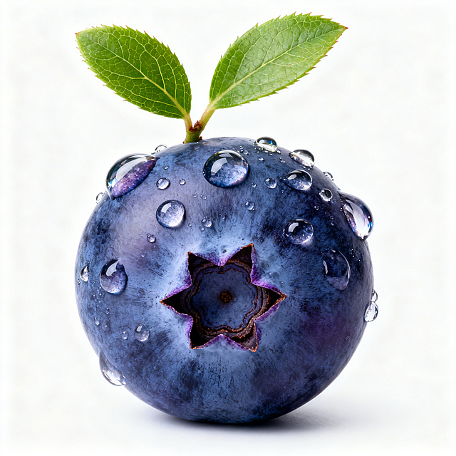 重拟物风蓝莓，水滴肌理与玻璃质感交织，清新透亮，叶芽点缀，唯美优雅，尽显自然之韵。