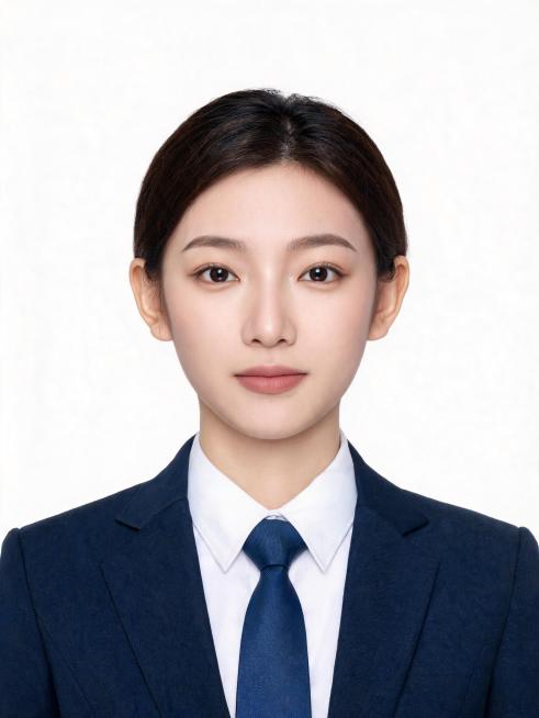 亚洲年轻女生，年龄20到30岁左右，正面免冠标准商务证件照，胸部以上胸像构图，人物居中端正，双肩平齐，平视镜头，表情自然平和，露出双耳与眉毛。身穿剪裁合身的藏青色正装西装外套，内搭挺括纯白色正装衬衫，预览效果