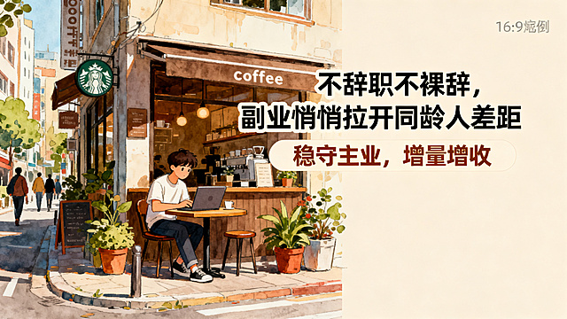 16:9比例，手绘插画风格海报，主标题："不辞职不裸辞，副业悄悄拉开同龄人差距"，副标题：稳守主业，增量增收，主副标题分明，字体分别采用黑体和圆体，字体颜色对比清晰，画面元素：城市街角咖啡馆场景，一个年轻人坐在桌前用电脑开展副业，暖色调手绘风格，背景丰富有生活气息，不是纯色背景