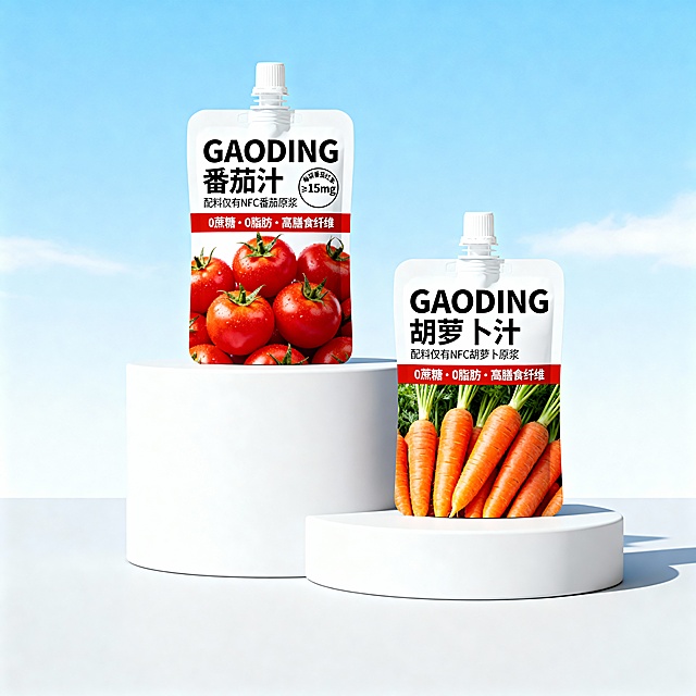 产品包装效果图，两个同款塑料材质自立吸嘴袋置于白色展台上，袋身分别印有黑色logo“GAODING”和“番茄汁”/“胡萝卜汁”和“配料仅有NFC番茄原浆”的中文字样，以及圆形标注“每袋番茄红素≥15mg”。中部红色条带标注“0蔗糖·0脂肪·高膳食纤维”，下半部分是铺满真实新鲜番茄/胡萝卜创意实拍图。整体风格清新健康，背景为浅蓝色渐变天空，光线均匀柔和，突出产品的天然与纯净感。