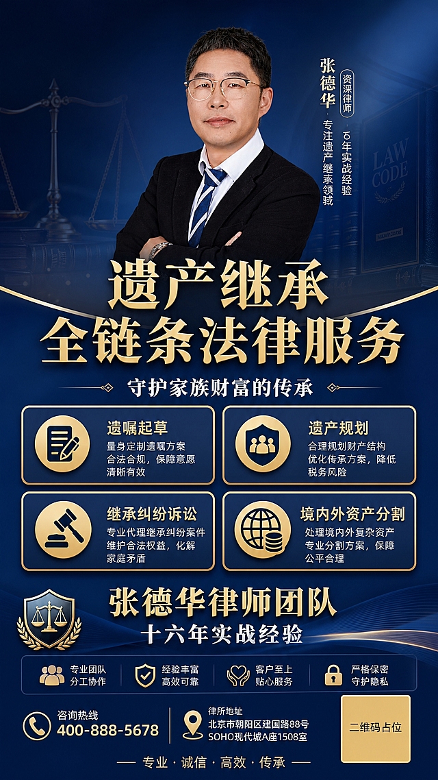 遗产继承法律服务宣传海报，竖版9:16。画面上方为律师人物形象（参考图中中年男性律师：戴金丝眼镜、黑色西装、蓝白条纹领带），半身像位于画面上方居中，专业沉稳。中间区域为四大服务模块，以卡片式布局排列，每张卡片有金色边框和图标。主标题大字："遗产继承 全链条法律服务"，金色字体；副标题："守护家族财富的传承"，白色字体。四个服务卡片分别写有："遗嘱起草"、"遗产规划"、"继承纠纷诉讼"、"境内外资产分割"，每个卡片配简洁图标。底部区域："张德华律师团队" + "十六年实战经验"。背景为深蓝色渐变，点缀细微的法律天平、法典等抽象元素。整体风格：专业商务、信息清晰、结构分明，深蓝金配色，版式精美，光影柔和。画面中所有信息区域必须填充完整合理的内容，不得出现空白框。画面中所有二维码区域使用纯色方块占位符呈现，方块中央标注"二维码占位"文字，严禁生成任何可识别的二维码图案。
