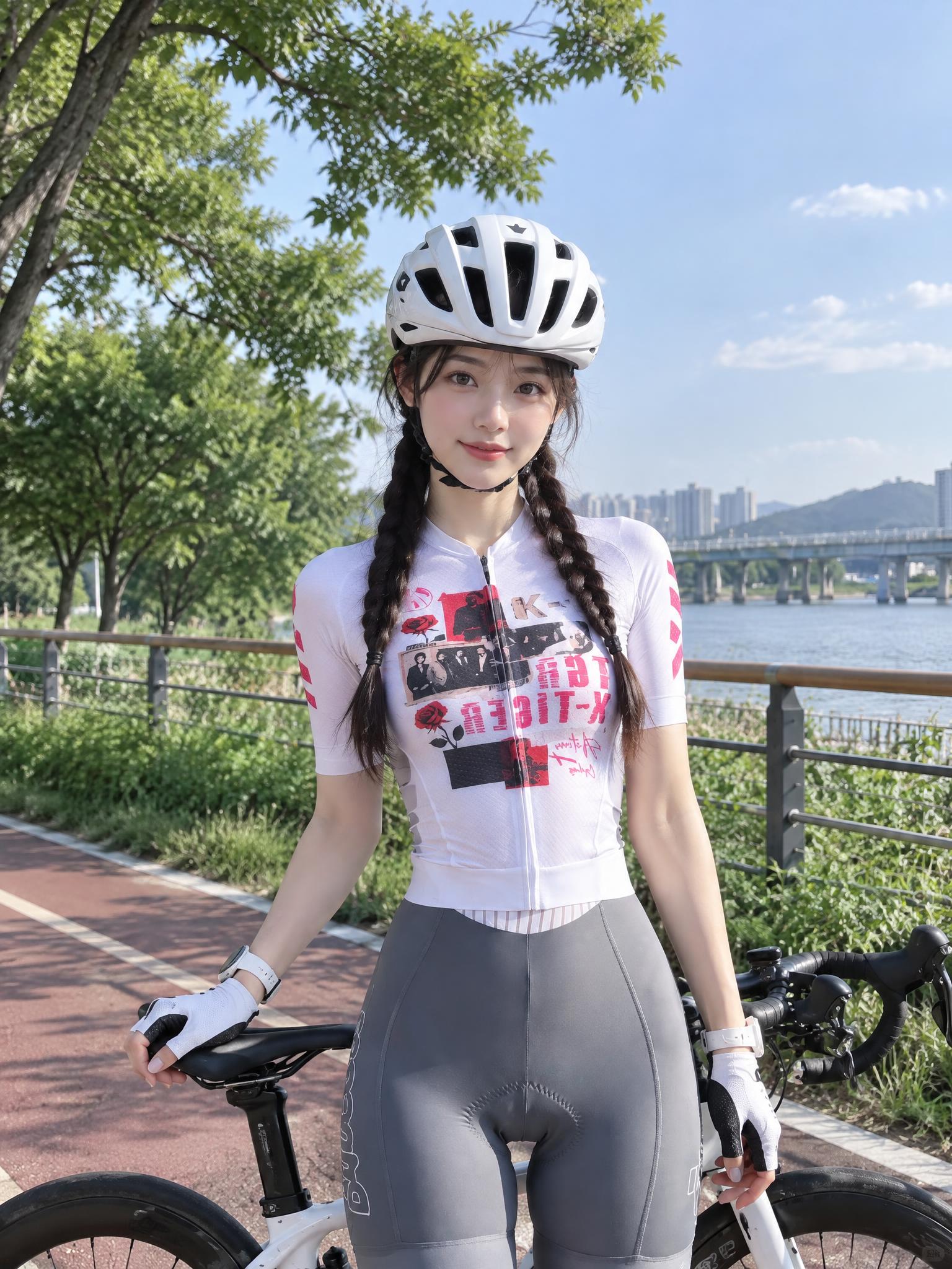 参考图中人物去掉骑行眼镜，更换为全新的模特长相，发型改为麻花辫… - 图片创意预览
