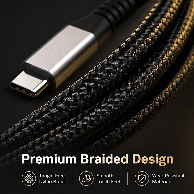 [第5屏] Braided material & premium build quality - close-up texture detail of USB-C cable. This screen uses [image1] as the product subject, focusing on braided texture.
[氛围/风格] Premium material showcase, luxury tech accessory style, macro photography quality
[元素布局] Extreme close-up of braided cable filling 60% of frame diagonally; aluminum connector partially visible at top; texture detail showing tight nylon weave pattern; subtle depth of field with foreground in sharp focus; material fiber details clearly visible; cable braid pattern and color must match input image exactly
[光影质感] Side grazing light highlighting braid texture, creating depth through light and shadow on each fiber, premium metallic sheen on aluminum connector
[配色色系] Global background #2D2D2D dark charcoal; product black/silver natural colors; warm accent light #D4AF37 gold tone on highlights; white text for labels
[视角构图] Macro diagonal composition, cable running from bottom-left to top-right, shallow depth of field, texture as hero
[文字版式] Bottom overlay text area with headline "Premium Braided Design"; feature points: "Tangle-Free Nylon Braid", "Smooth Touch Feel", "Wear-Resistant Material"; small material icon badges; all text in English, elegant modern font; no Chinese characters
[比例分辨率] 1:1 square ratio, 2K resolution, crisp text, high definition
[负向提示词] distorted braid pattern, wrong material texture, color deviation, watermark, garbled text, blurry texture, Chinese characters