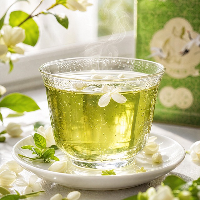 [主图-3] 茉莉花茶茶汤微距特写图，突出茶汤通透色泽与花香氛围。
[统一基调] 清新雅致、茉莉花香氛围、自然柔光、绿白清新色调，画面无任何文字。
[画面] 画面采用略微仰视的近景构图，主体为一只通透的玻璃品茗杯，杯中盛有七分满的淡黄绿色茉莉花茶汤，茶汤清澈透亮、色泽嫩绿明亮，茶汤表面漂浮着两三朵洁白的茉莉花，杯壁挂着细密的水珠，杯口升腾着淡淡的热气。玻璃杯放置在一个圆形白瓷茶托上，茶托旁散落着几片嫩绿茶叶与茉莉花瓣。背景为虚化的白色窗纱与翠绿的茉莉花枝，阳光透过窗纱形成柔和的光斑，知福茉莉花茶绿色铁罐虚化地矗立在画面右后方（铁罐外观颜色与输入图一致，仅作背景虚化点缀）。焦点清晰落在玻璃杯的茶汤表面，突出茶汤的通透质感与清新诱人的色泽。
[光影质感] 柔和后侧自然光，光线穿透茶汤呈现出嫩黄绿宝石般的通透光泽，杯口有明亮的高光，热气在光线下呈现朦胧轻盈的效果，杯底在白瓷茶托上投下柔和的阴影，商业美食摄影质感，画面清新诱人。
[配色] 主色调为嫩黄绿色、洁白色、翠绿色、透明玻璃色，整体清新通透，凸显花茶的诱人品质。
[文字版式] 画面中不出现任何文字、标题、标签、水印、Logo。
[输出要求] 1:1正方形比例，2K高清分辨率，茶汤通透清晰，质感真实，无变形，无模糊，无杂乱元素，无水印，无平台Logo，无任何文字信息。
