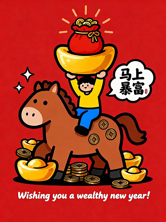 喜庆红底配卡通拟人小人骑马举金，扁平插画风融合国潮元素，金币元宝环绕，传递“马上暴富”新年祝福。