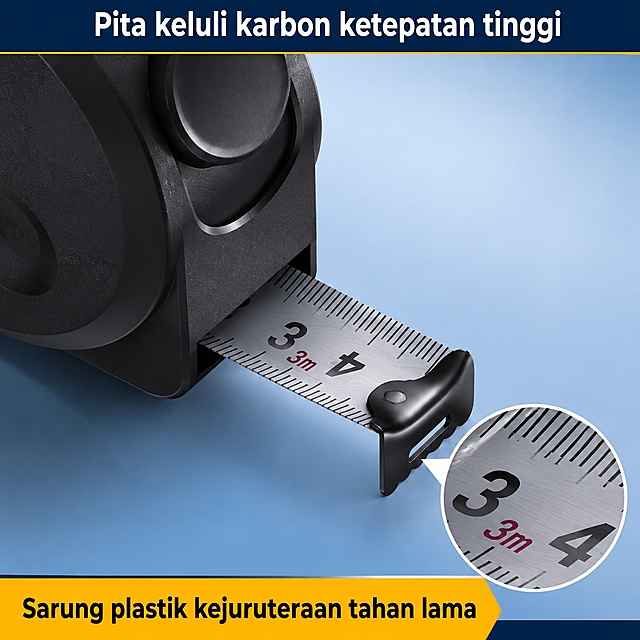 [Tape Measure Main Image 3] Material process close-up display of steel tape measure; [Atmosphere Style] Macro detail display, highlight process quality; [Image Quality] Ultra-clear macro photography, clear texture, high contrast. [Elements] Main picture is a close-up of the joint between the tape and the ruler case, highlighting the texture of carbon steel tape and engineering plastic ruler case. A magnified picture-in-picture is added in the lower right corner to magnify the laser scale marking on the carbon steel tape. Keep the material, color and structure 100% consistent with the original product, do not change the appearance. Background low-saturation light blue gradient, clean and uniform. [Light and Shadow] Directional side light, highlight the texture of the material scale, the magnified area has additional fill light, the number is clearly visible. [Color Matching] Main background light blue, product matte black, carbon steel silver-gray scale, strong contrast. [Perspective Composition] Center close-up, magnified picture-in-picture is placed in the lower right corner, does not block the main observation area. [Text Layout (Malay)] Top main title: "Pita keluli karbon ketepatan tinggi", bottom label bar: "Sarung plastik kejuruteraan tahan lama", font contrast is obvious, clear and readable. [Output Requirements] 1:1 ratio, 2048px * 2048px, clear text, ultra-high definition macro commercial photography. [Negative Prompt] Deformation, text confusion, blurred product picture, cluttered background, watermark, e-commerce platform Logo.