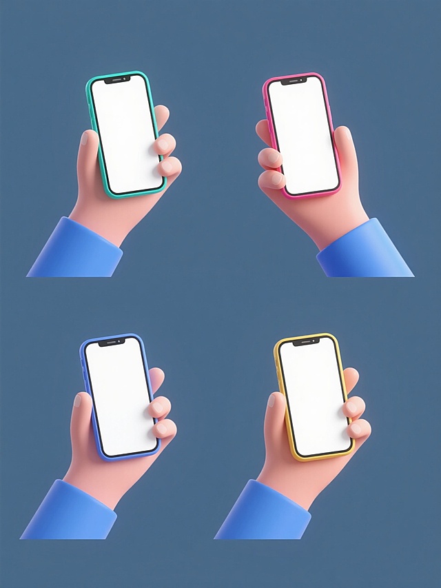 4个规整排布的3D风格素材，每个素材中都有一只简约现代造型的手，手部呈不同手势拿着手机，手机为白色屏幕、彩色边框，手部有蓝色袖口设计，整体采用纯色背景，无任何文字、logo和水印，造型简约现代，光影柔和，色彩明快，具有简洁的设计感。