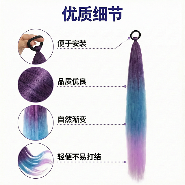 保留图片原有内容、排版和字体颜色，仅将所有英文替换成中文：
标题：优质细节
特点1：便于安装
特点2：品质优良
特点3：自然渐变
特点4：轻便不易打结