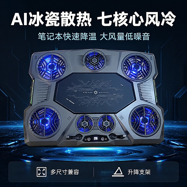 「图片1」，生成一套主图（5张），商品名称是笔记本散热器，卖点是ai冰瓷散热加7核心风冷「图片1」，适配拼多多平台，主图比例为1:1