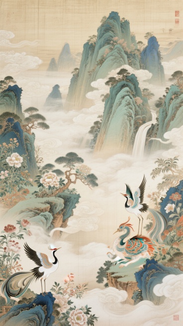 宏大场面 插画原创设计 仙侠神域 国风 写意 立体刺绣 敦煌配色 细节丰富预览效果