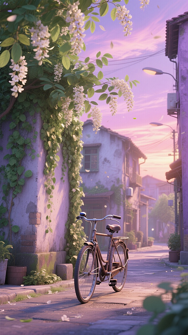 水彩风插画，清新梦幻的街景，自行车旁花藤缠绕，文艺氛围浓厚。