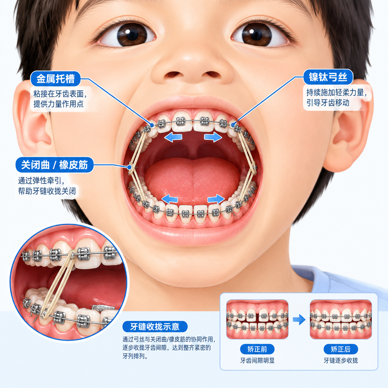 儿童正畸收缝操作医学示意图，参考图中儿童张嘴露牙的口腔视角，展… - 图片创意预览