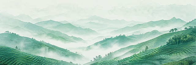 矿泉水瓶标签设计，横向长条形210:66比例，青绿色调。画面是完整统一的巴蜀茶山风景，层层叠叠的茶林梯田延伸至远山，云雾缭绕，水墨意境。无任何文字，无品牌名称，无边框，无装饰线条，左下角没有树叶图案。画面完整精简，纯粹的青绿山水茶林风景，极简风格，留白自然，高级包装设计感，平面设计，高清精致