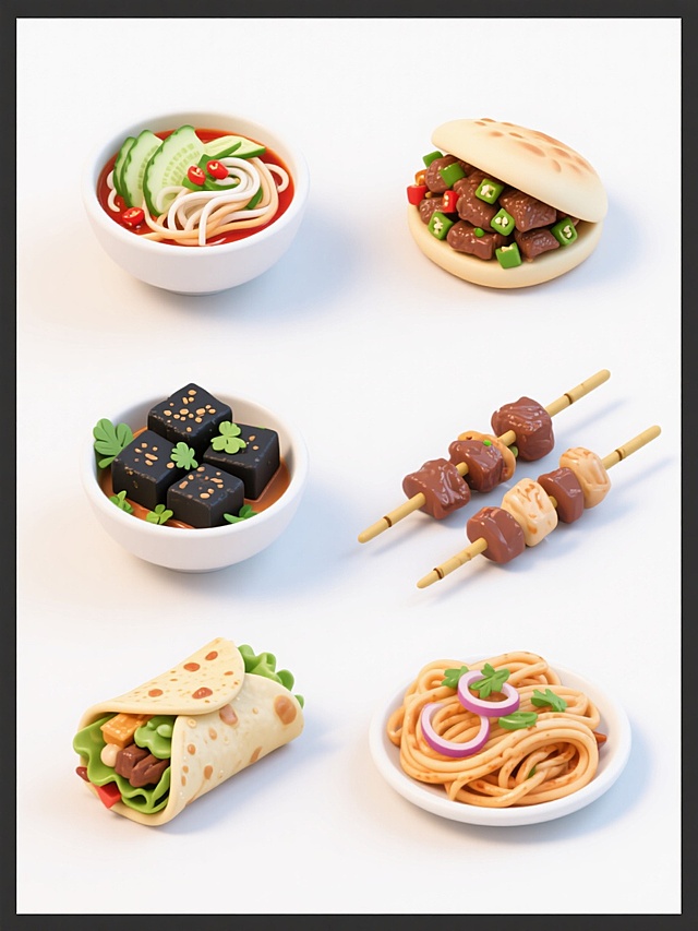 六款中国传统小吃以等距网格状规整排布于纯白色纯色背景上，简约现代风格，包含：一碗铺着黄瓜丝、豆芽和红色辣椒油的凉皮，一碗盛有黑色臭豆腐块并点缀绿色香菜的臭豆腐，一个夹满炖肉和青椒丁的肉夹馍，几串穿在竹签上的烤肉串，一个包裹着薄脆、生菜和酱料的煎饼果子，一份撒有洋葱和香菜的烤冷面。每款小吃细节清晰，色彩鲜亮自然，光线柔和均匀，无阴影，无任何文字、logo或水印，整体构图平衡对称，具有高效信息传达的海报式设计感。