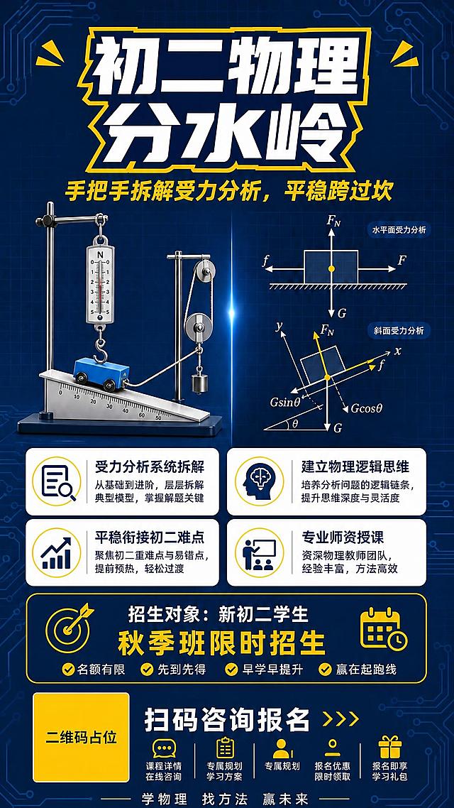 将海报主标题中的"衔接课"三个字去掉，其余所有内容、布局、配色、字体、元素均保持不变。修改后主标题为两行：第一行"初二物理"，第二行"分水岭"。删除"衔接课"三个字后，调整主标题文字大小和间距使其在黄色边框内居中、自然美观。副标题、实验器材图、受力分析图、四个课程亮点卡片、招生对象区、底部二维码和引导语等全部内容与原图完全一致，只修改主标题文字。